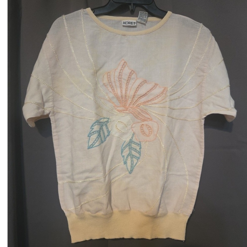Koret Vintage Pastel Embroidered‎ Butterfly Floral Ramie Top, Woman's Small - Picture 3 of 8